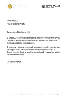 Parte médico de Silvina Luna: "Esta despierta y con signos vitales estables" 1 parte 2